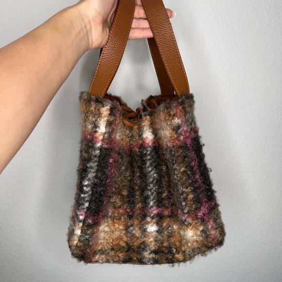 Sundance Maple Glen Teddy Plaid Bag Leather Accents Brown Pink Made in Italy - Picture 2 of 7